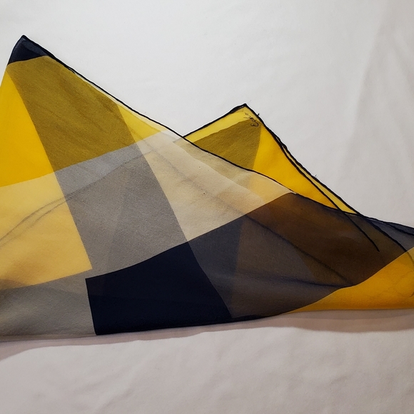 Semi-transparent White Navy and Yellow Chevron Print Vintage Silk Scarf - Picture 12 of 15